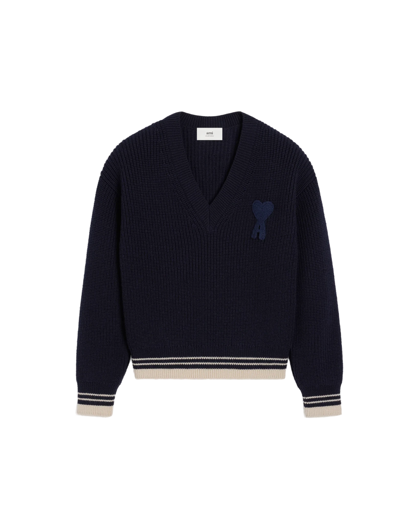 Beige Wool Ribbed V Neck Sweater