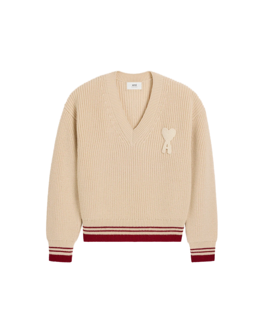 Beige Wool Ribbed V Neck Sweater